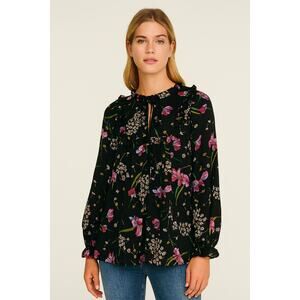 Milly of New York Black Wildflower Print Silk Peasant Style Sheer Blouse Size 6